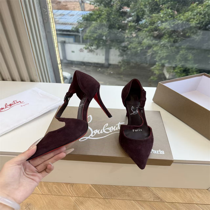 CL 【Red Sole】Suede T-strap high heels