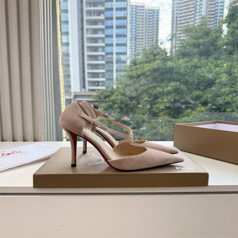 CL 【Red Sole】Suede T-strap high heels