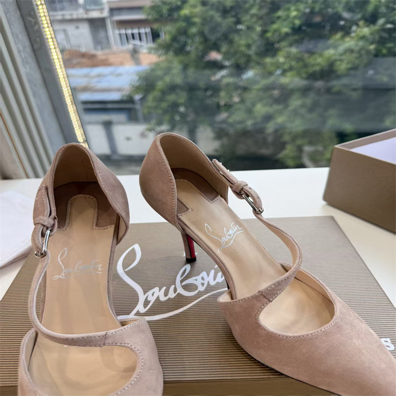 CL 【Red Sole】Suede T-strap high heels