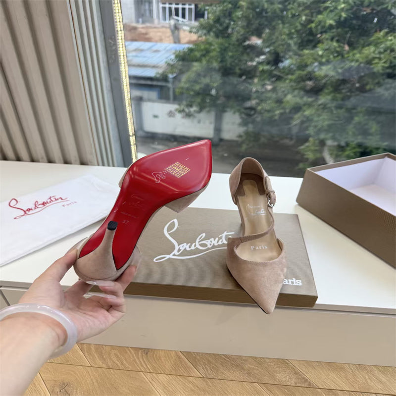 CL 【Red Sole】Suede T-strap high heels
