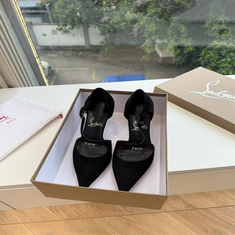 CL 【Red Sole】Suede T-strap high heels