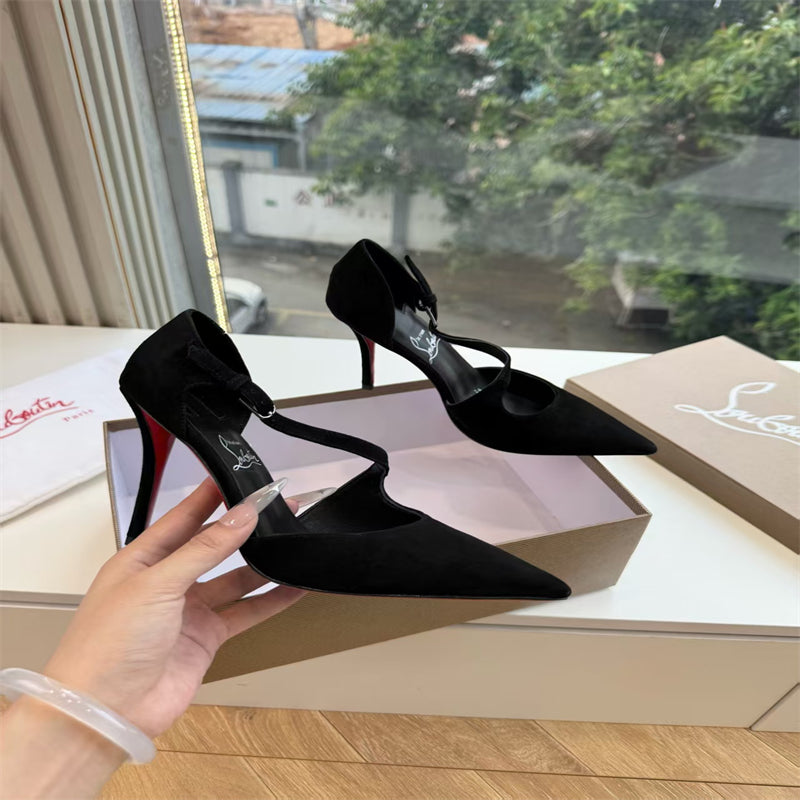CL 【Red Sole】Suede T-strap high heels