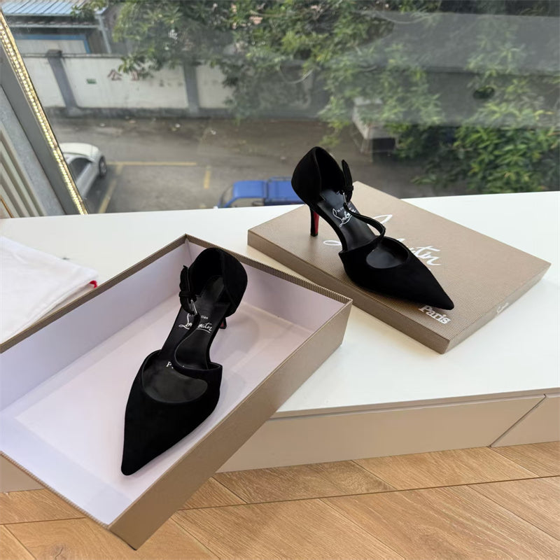 CL 【Red Sole】Suede T-strap high heels