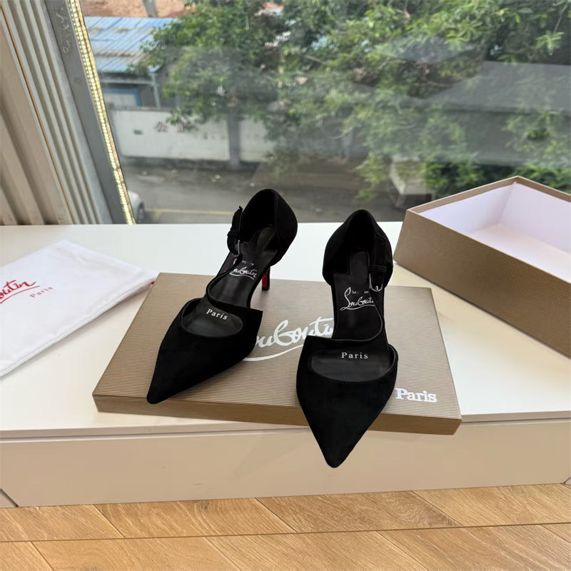 CL 【Red Sole】Suede T-strap high heels