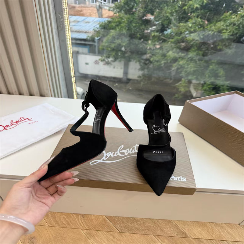 CL 【Red Sole】Suede T-strap high heels