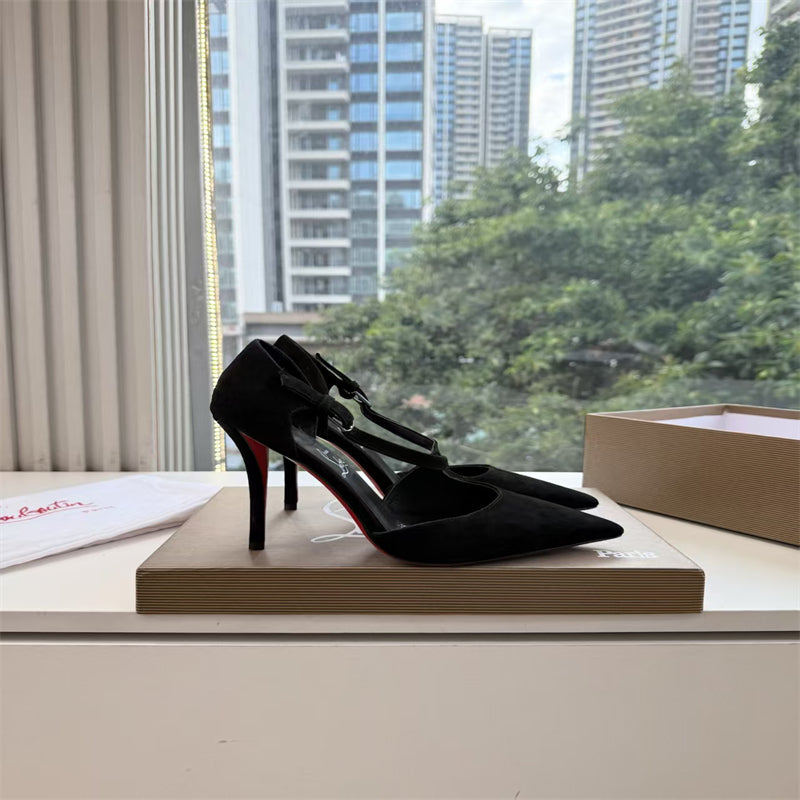 CL 【Red Sole】Suede T-strap high heels