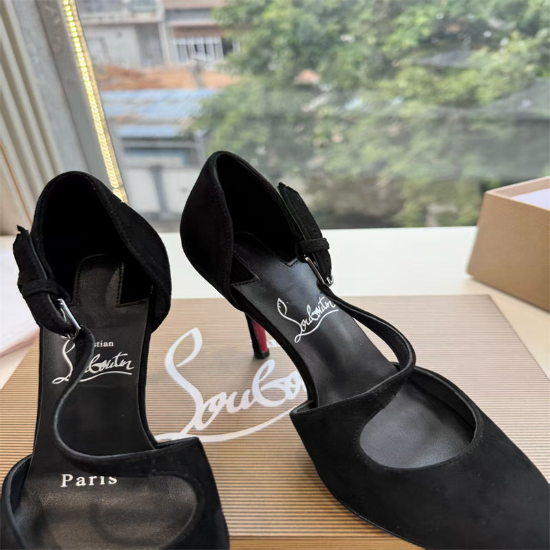 CL 【Red Sole】Suede T-strap high heels