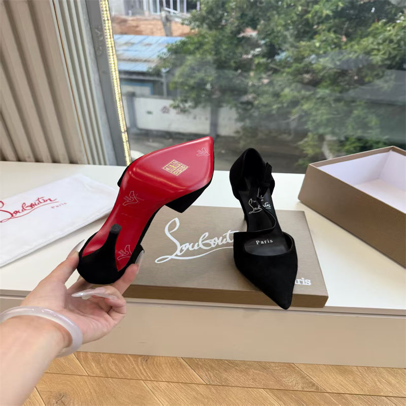 CL 【Red Sole】Suede T-strap high heels