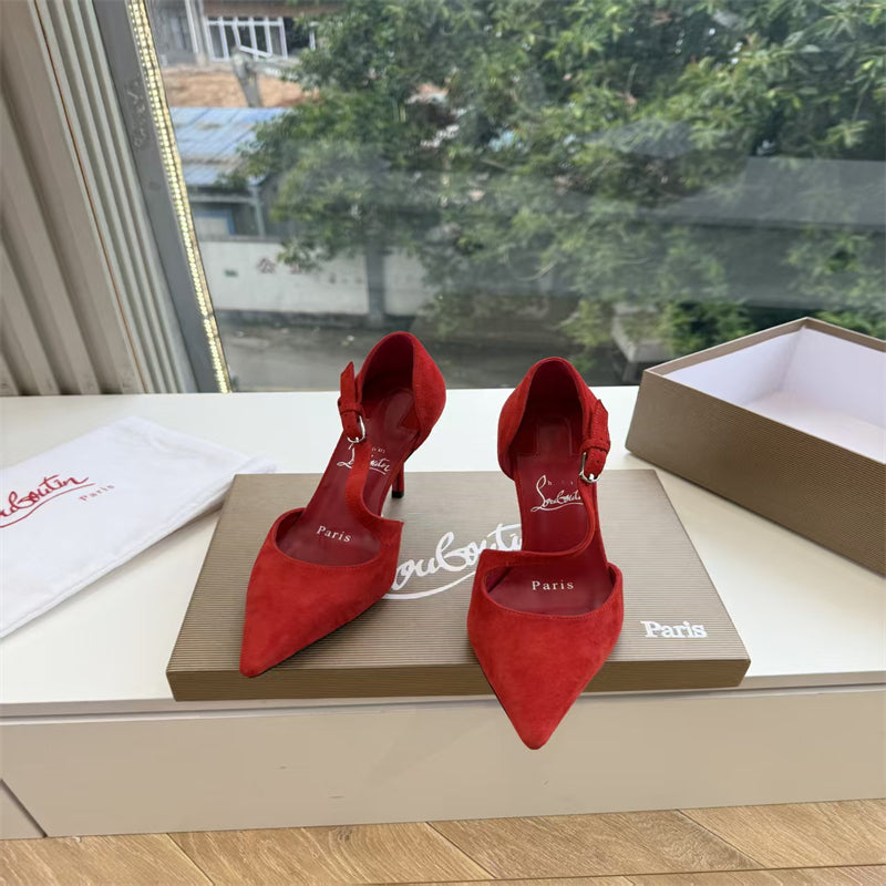 CL 【Red Sole】Suede T-strap high heels