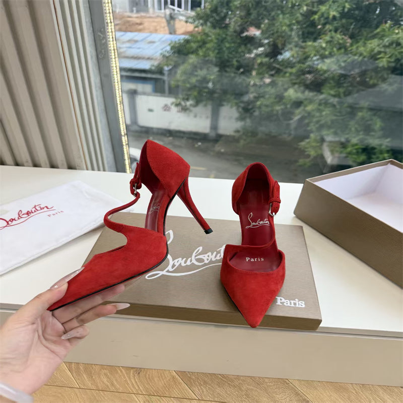 CL 【Red Sole】Suede T-strap high heels
