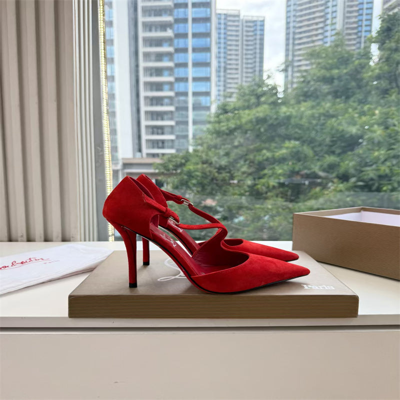 CL 【Red Sole】Suede T-strap high heels