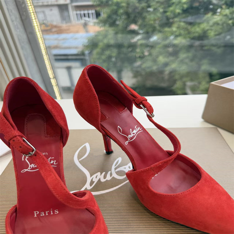 CL 【Red Sole】Suede T-strap high heels