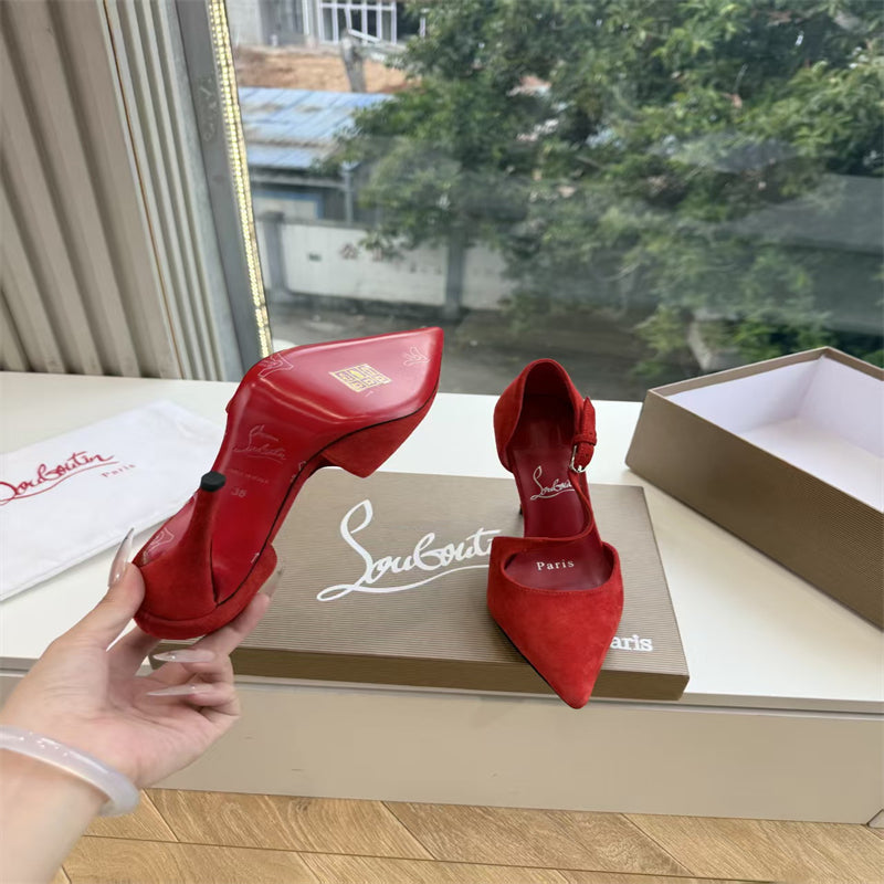 CL 【Red Sole】Suede T-strap high heels