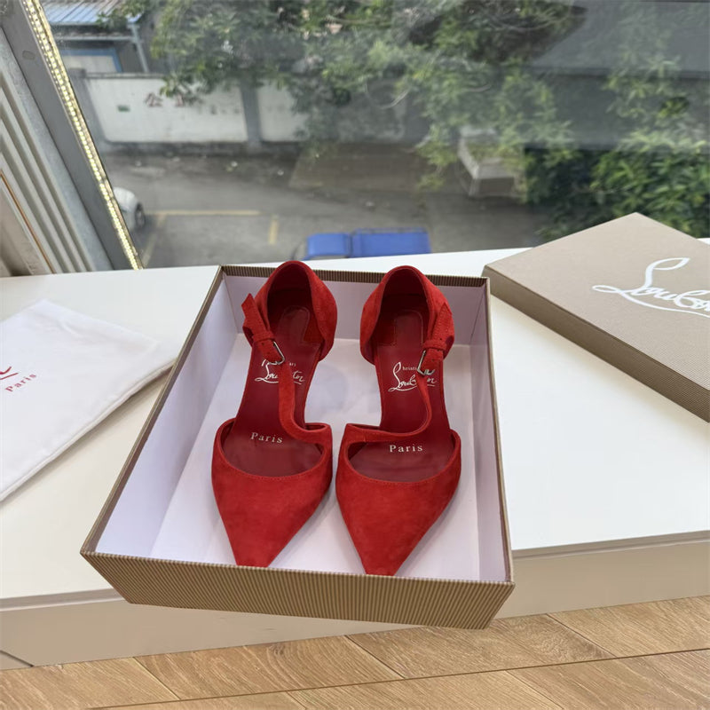 CL 【Red Sole】Suede T-strap high heels