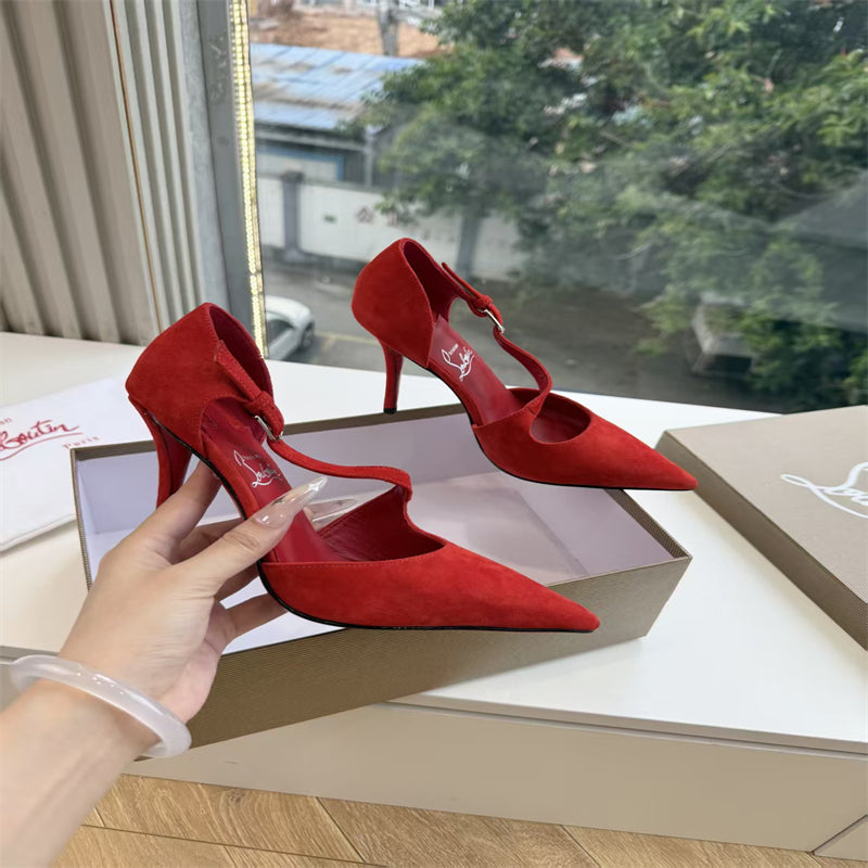 CL 【Red Sole】Suede T-strap high heels