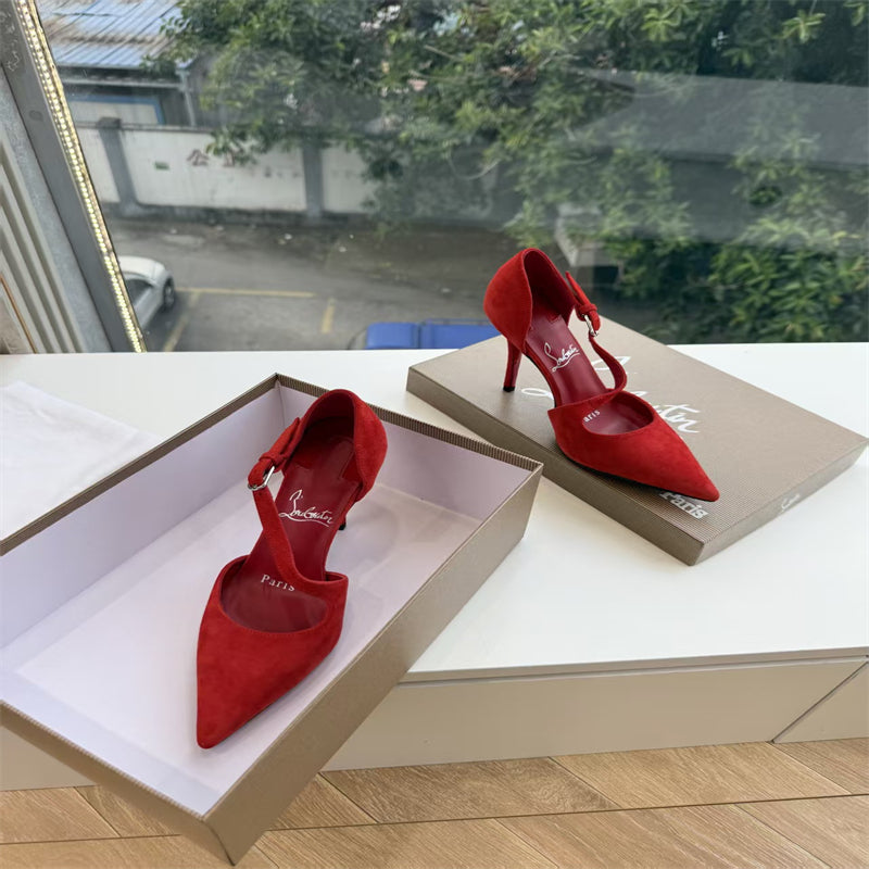 CL 【Red Sole】Suede T-strap high heels