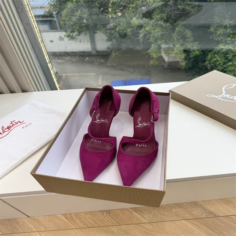 CL 【Red Sole】Suede T-strap high heels