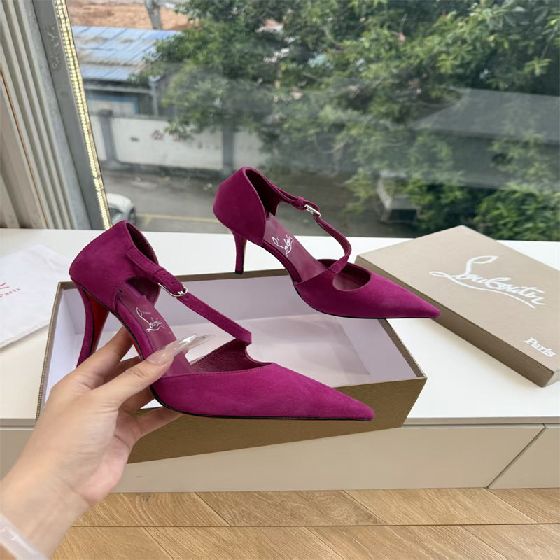 CL 【Red Sole】Suede T-strap high heels