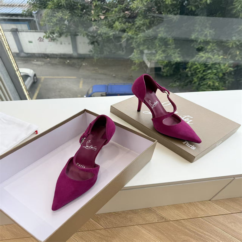 CL 【Red Sole】Suede T-strap high heels