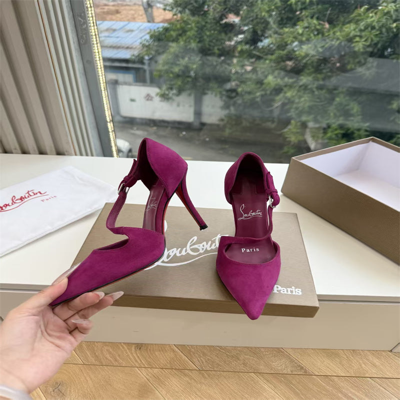 CL 【Red Sole】Suede T-strap high heels