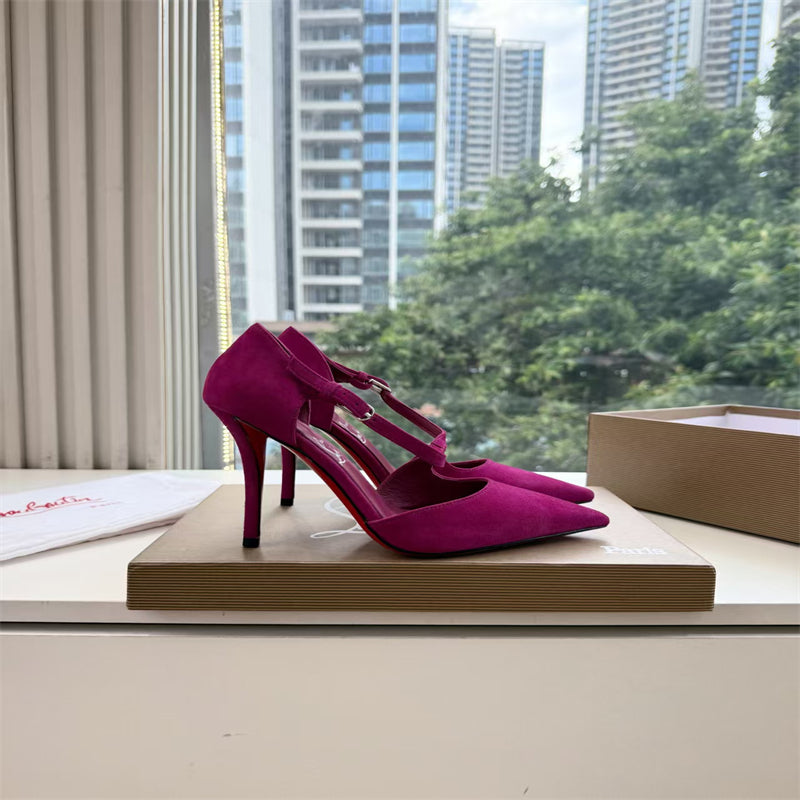 CL 【Red Sole】Suede T-strap high heels