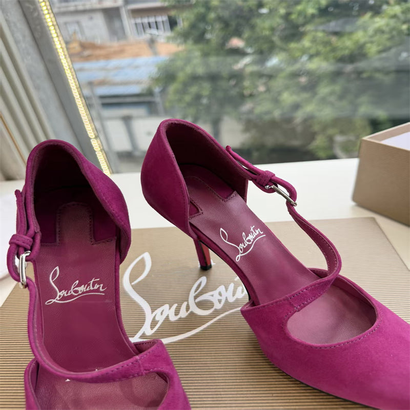 CL 【Red Sole】Suede T-strap high heels