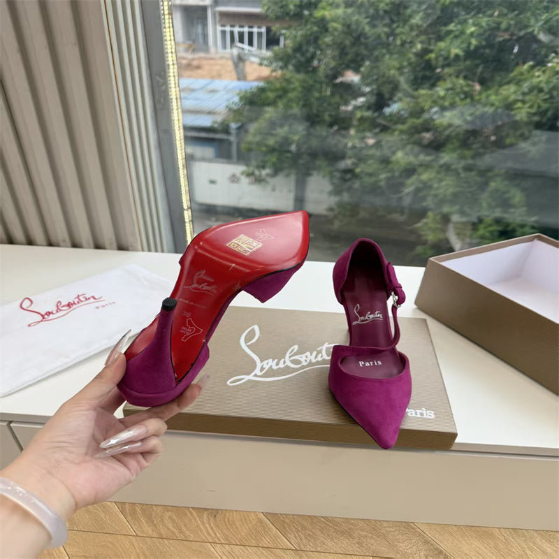 CL 【Red Sole】Suede T-strap high heels