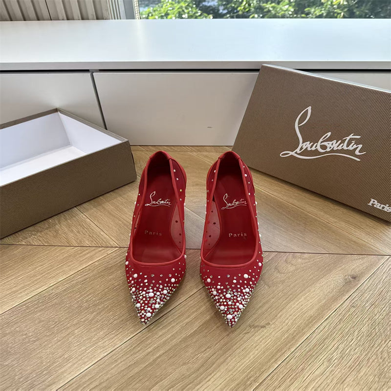 CL 【Red Sole】High heels with mesh, pearls, and gradient rhinestones.