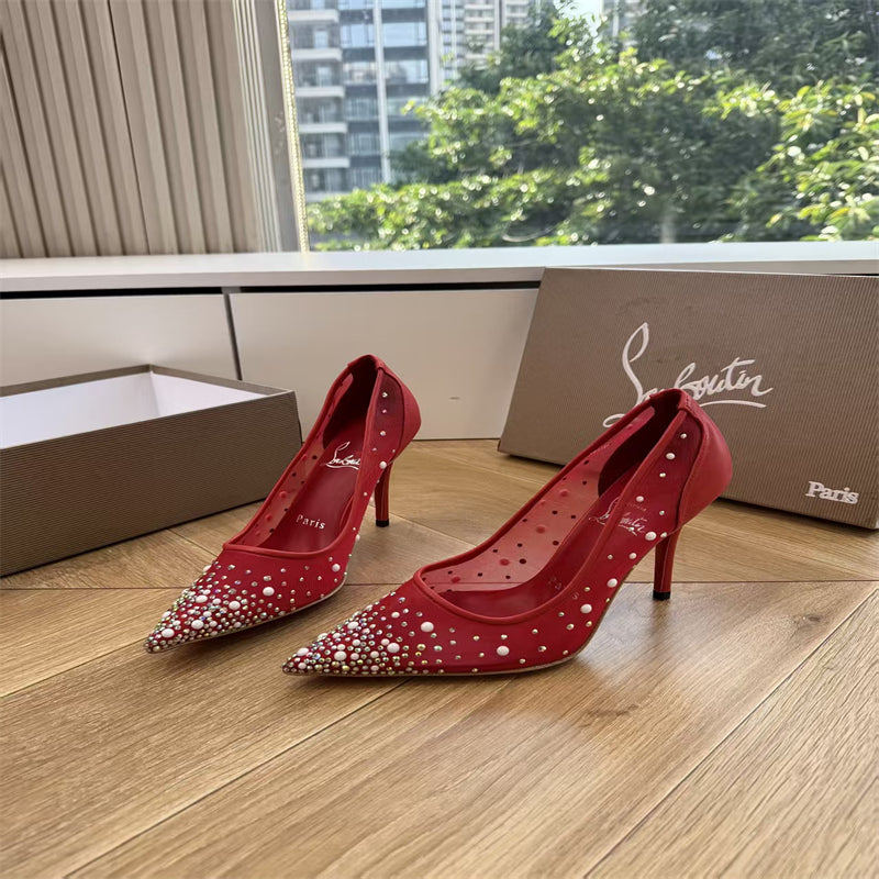 CL 【Red Sole】High heels with mesh, pearls, and gradient rhinestones.