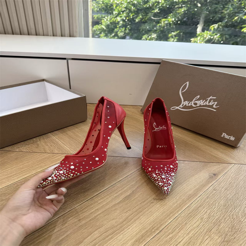 CL 【Red Sole】High heels with mesh, pearls, and gradient rhinestones.