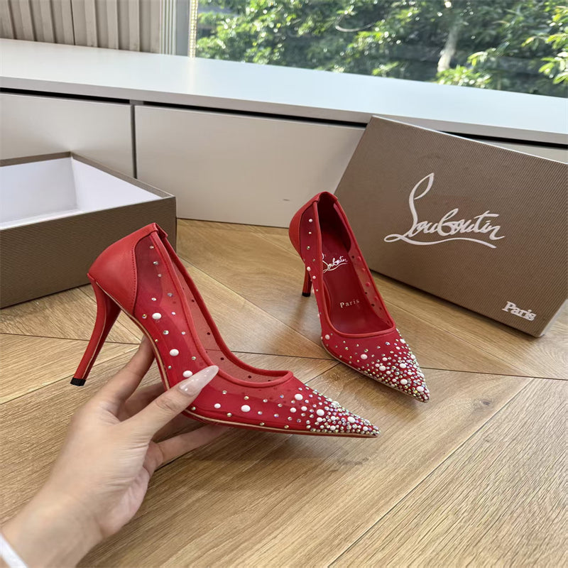 CL 【Red Sole】High heels with mesh, pearls, and gradient rhinestones.