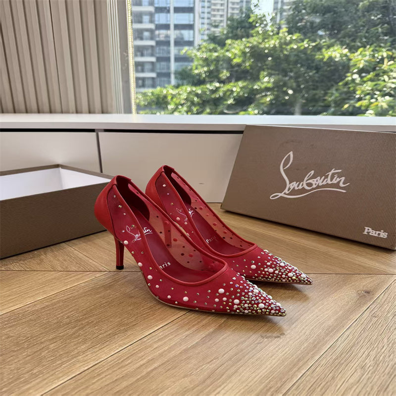 CL 【Red Sole】High heels with mesh, pearls, and gradient rhinestones.