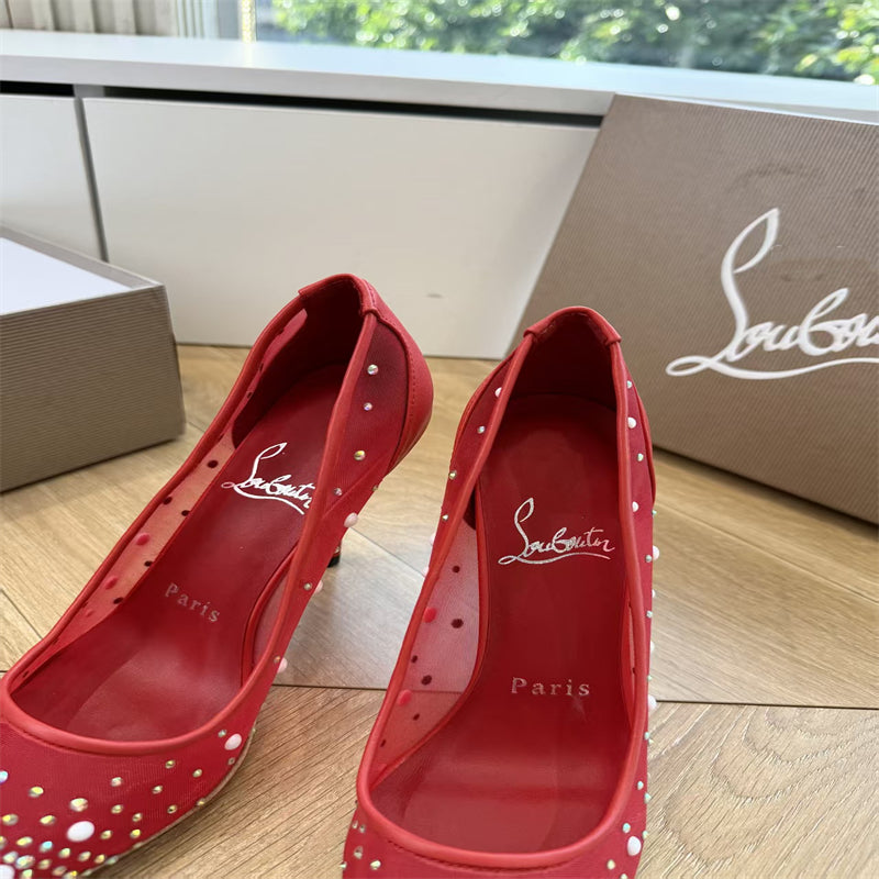 CL 【Red Sole】High heels with mesh, pearls, and gradient rhinestones.