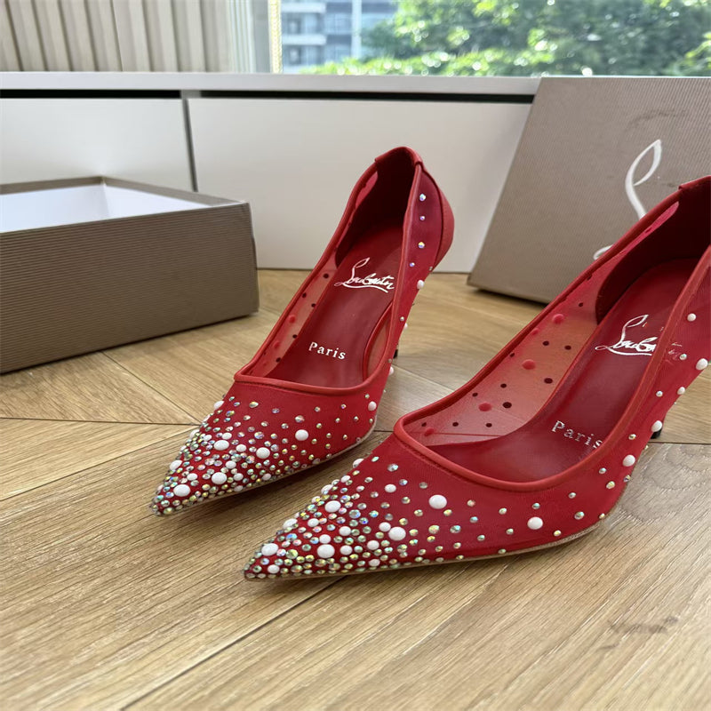 CL 【Red Sole】High heels with mesh, pearls, and gradient rhinestones.