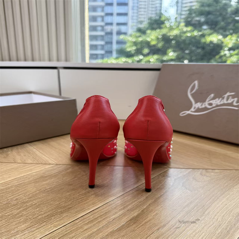 CL 【Red Sole】High heels with mesh, pearls, and gradient rhinestones.