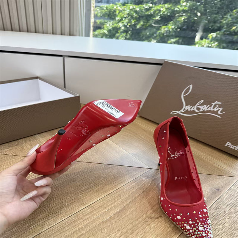 CL 【Red Sole】High heels with mesh, pearls, and gradient rhinestones.