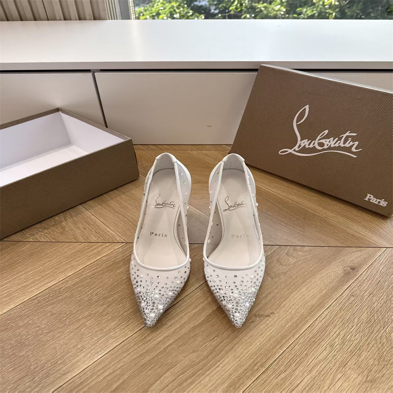 CL 【Red Sole】High heels with mesh, pearls, and gradient rhinestones