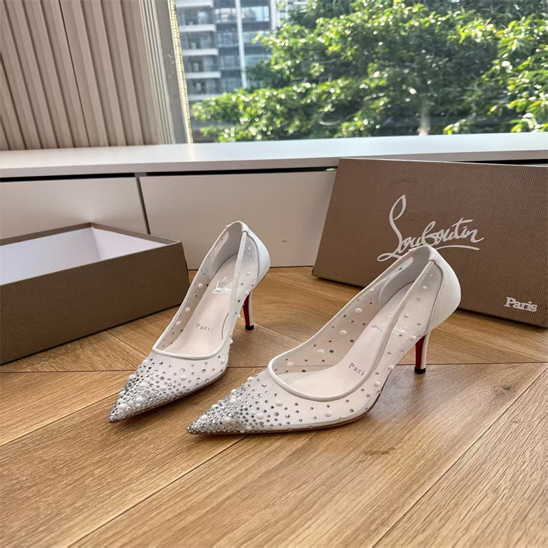 CL 【Red Sole】High heels with mesh, pearls, and gradient rhinestones