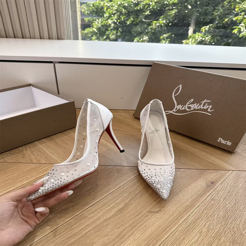 CL 【Red Sole】High heels with mesh, pearls, and gradient rhinestones