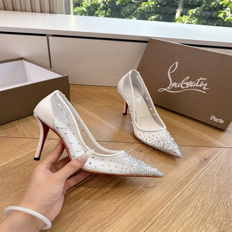 CL 【Red Sole】High heels with mesh, pearls, and gradient rhinestones