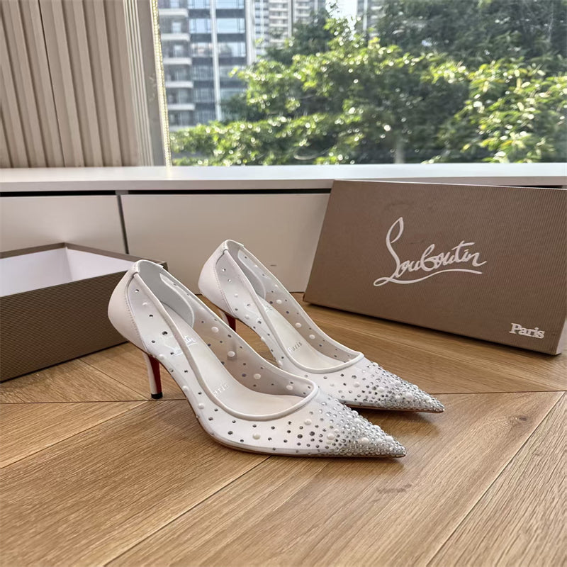 CL 【Red Sole】High heels with mesh, pearls, and gradient rhinestones