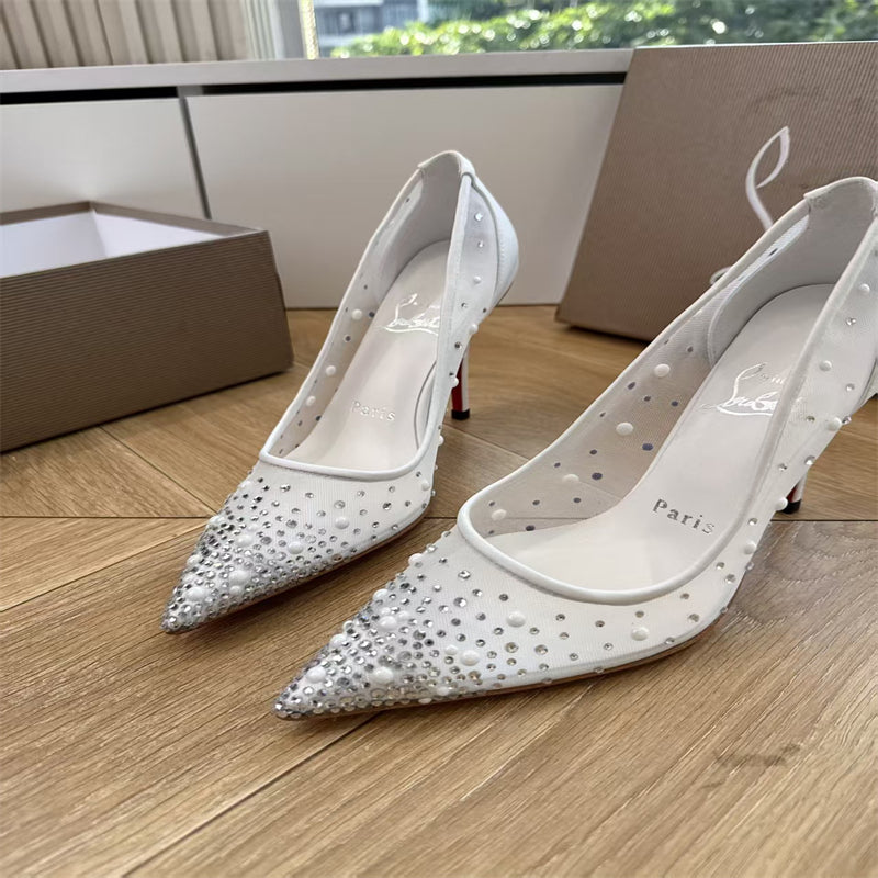 CL 【Red Sole】High heels with mesh, pearls, and gradient rhinestones