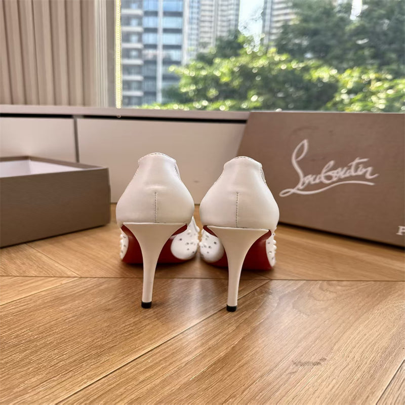 CL 【Red Sole】High heels with mesh, pearls, and gradient rhinestones