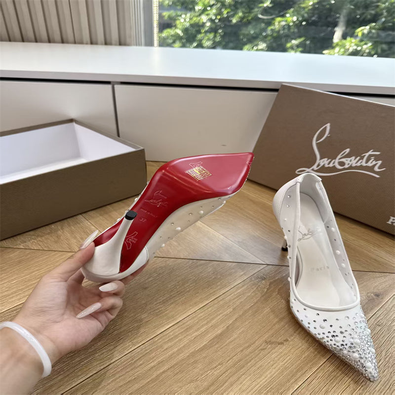 CL 【Red Sole】High heels with mesh, pearls, and gradient rhinestones