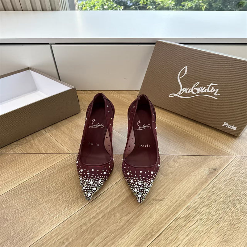 CL 【Red Sole】High heels with mesh, pearls, and gradient rhinestones