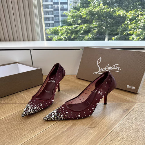 CL 【Red Sole】High heels with mesh, pearls, and gradient rhinestones