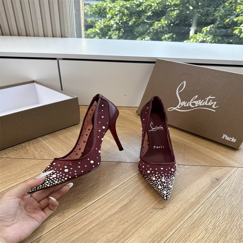 CL 【Red Sole】High heels with mesh, pearls, and gradient rhinestones