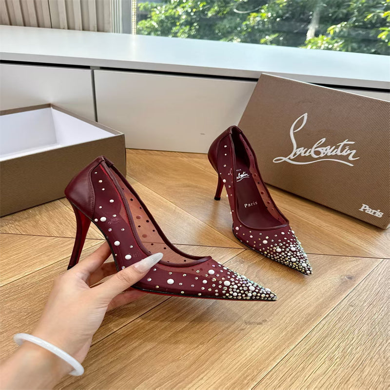 CL 【Red Sole】High heels with mesh, pearls, and gradient rhinestones
