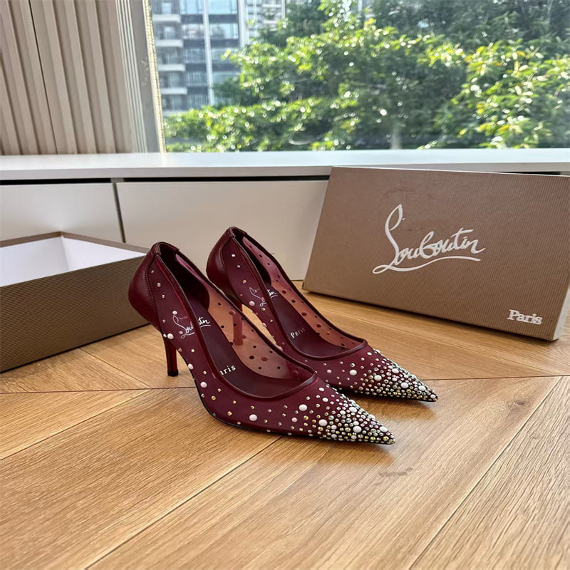 CL 【Red Sole】High heels with mesh, pearls, and gradient rhinestones