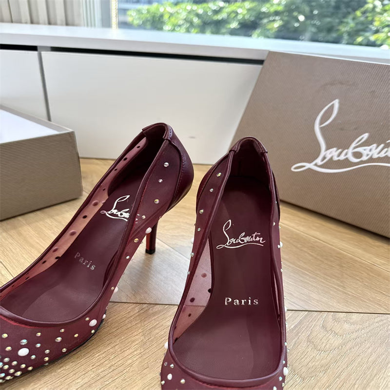 CL 【Red Sole】High heels with mesh, pearls, and gradient rhinestones